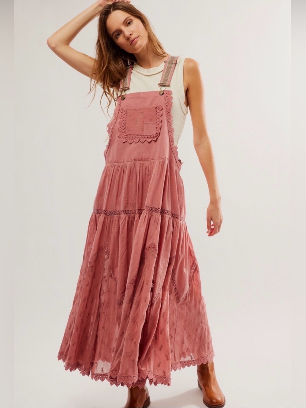Free People Trails End Overall Suspender Pinafore Dress in Old Rose S